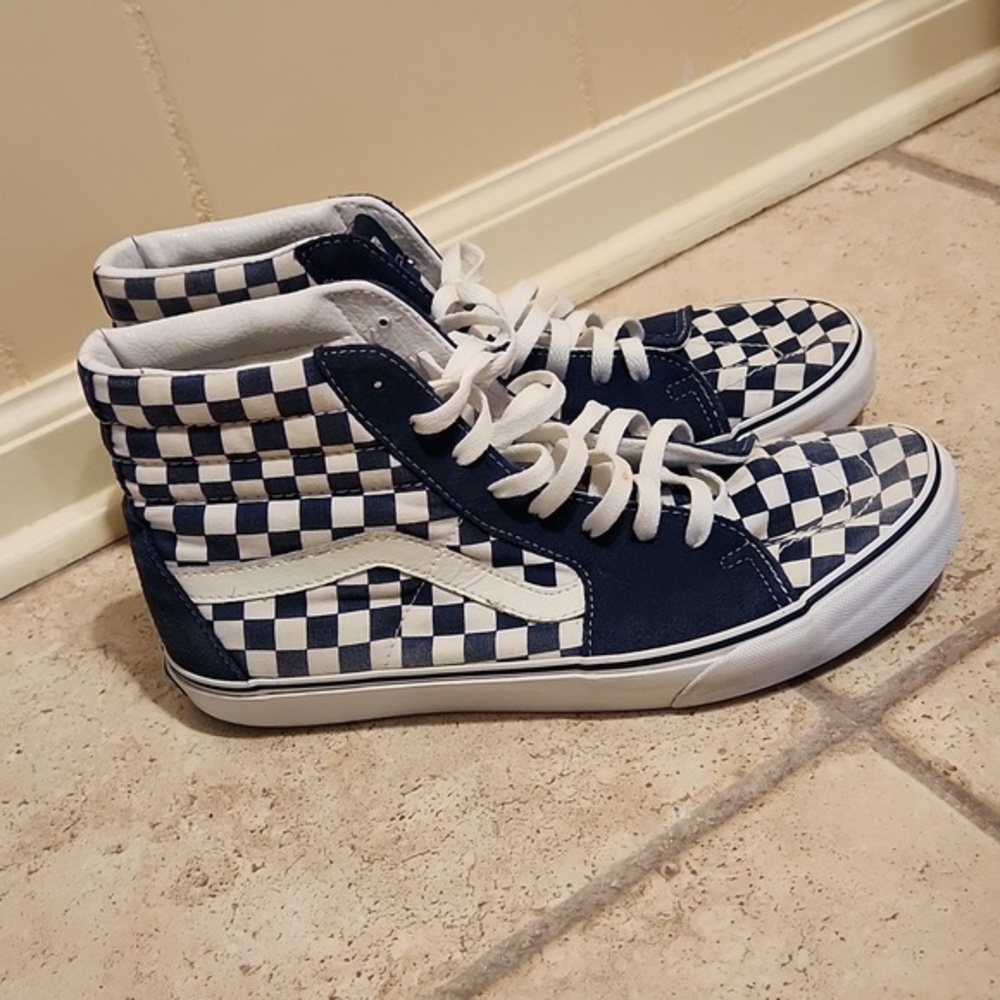 Vans Blue Checkered Fabric & Suede Hi Tops Shoes Men's 11 Women's 12.5